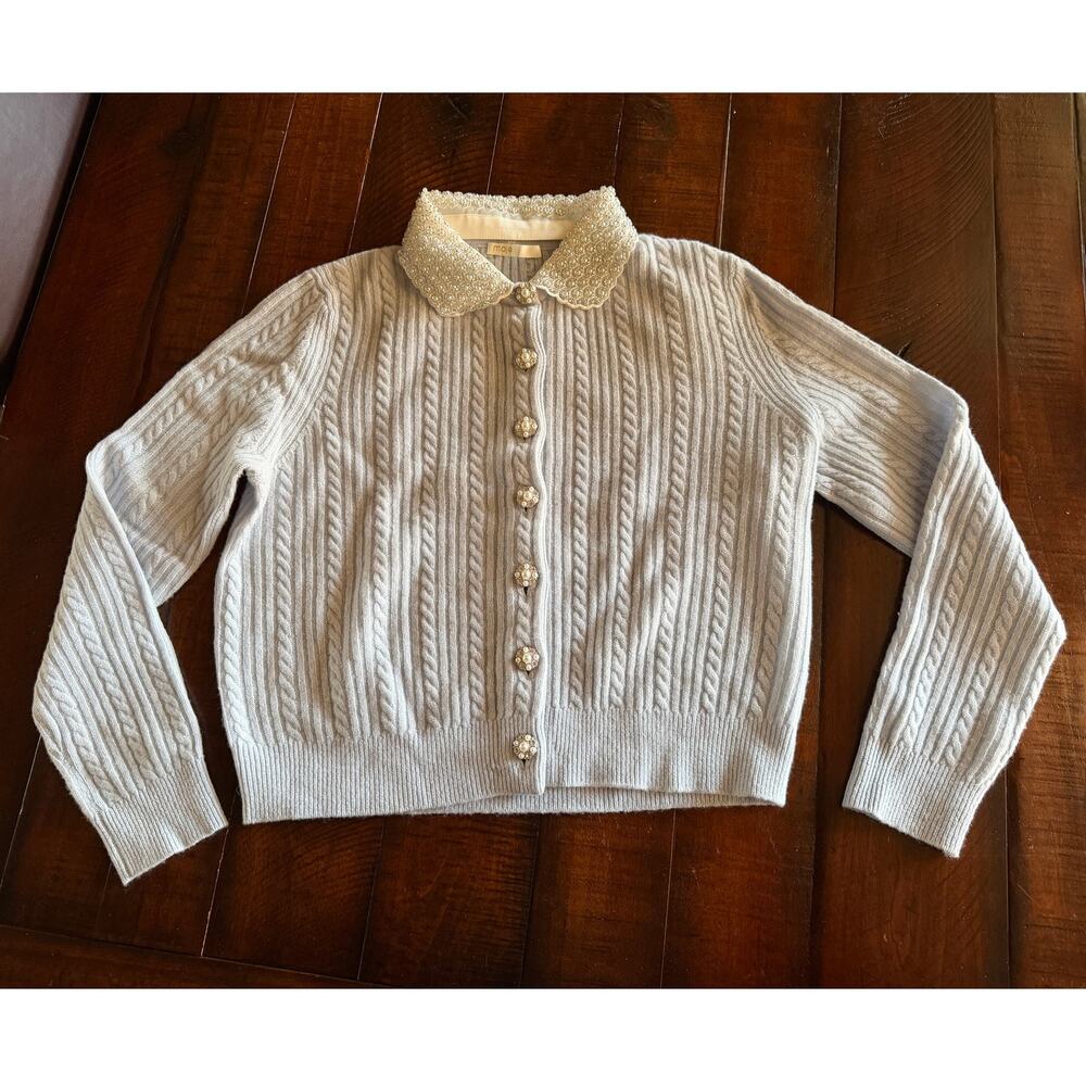 Maje Baby Blue Cardigan with Pearl Collar and Decorative Buttons